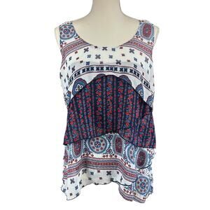Live and Let Live Top Women Sz Medium White Red Blue Flowy Tiered Chiffon Blouse